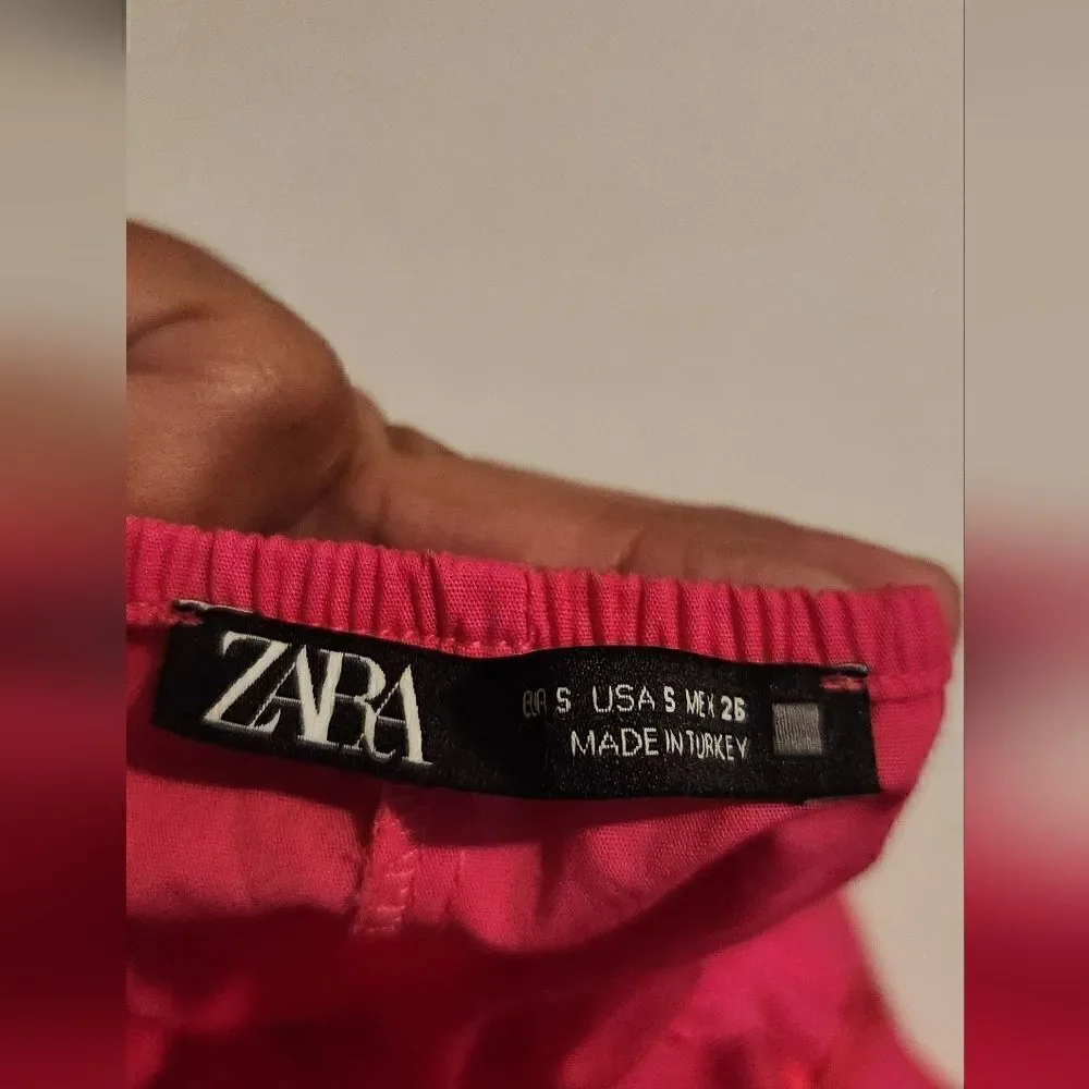 Zara Poplin Cut-off Puff-Sleeve Fucsia Dress Size Small - Picture 9 of 12